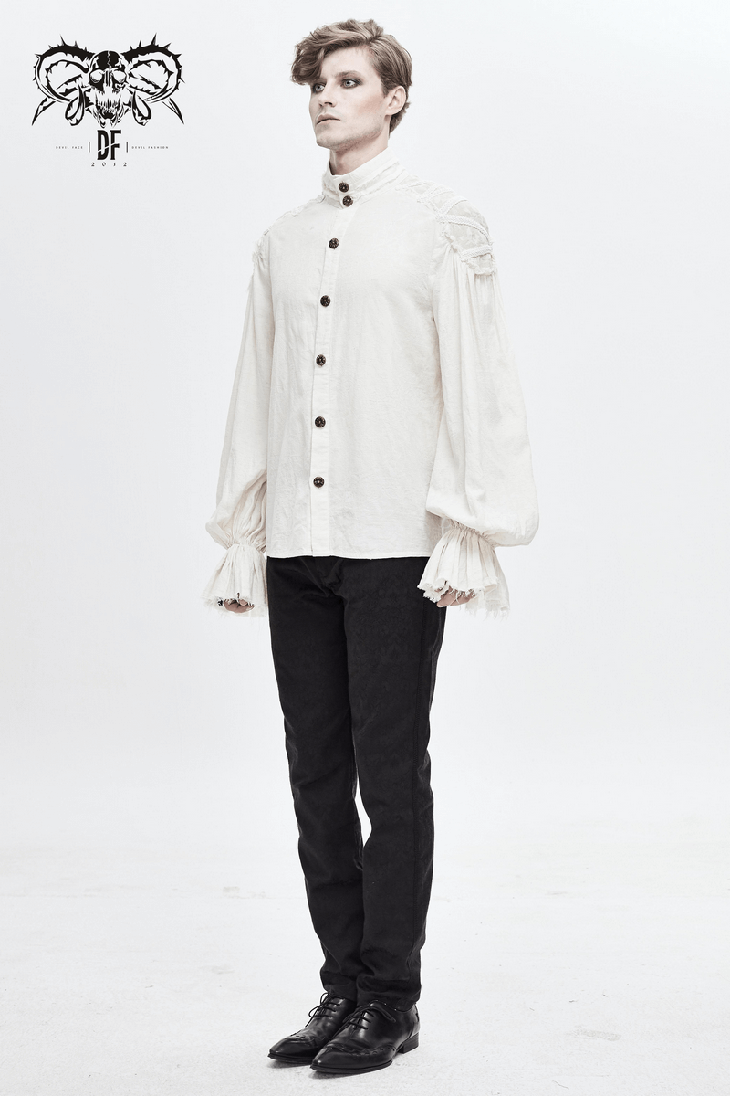 Vintage white long sleeve gothic shirt with flared cuffs and buttons, styled elegantly for a classic look.