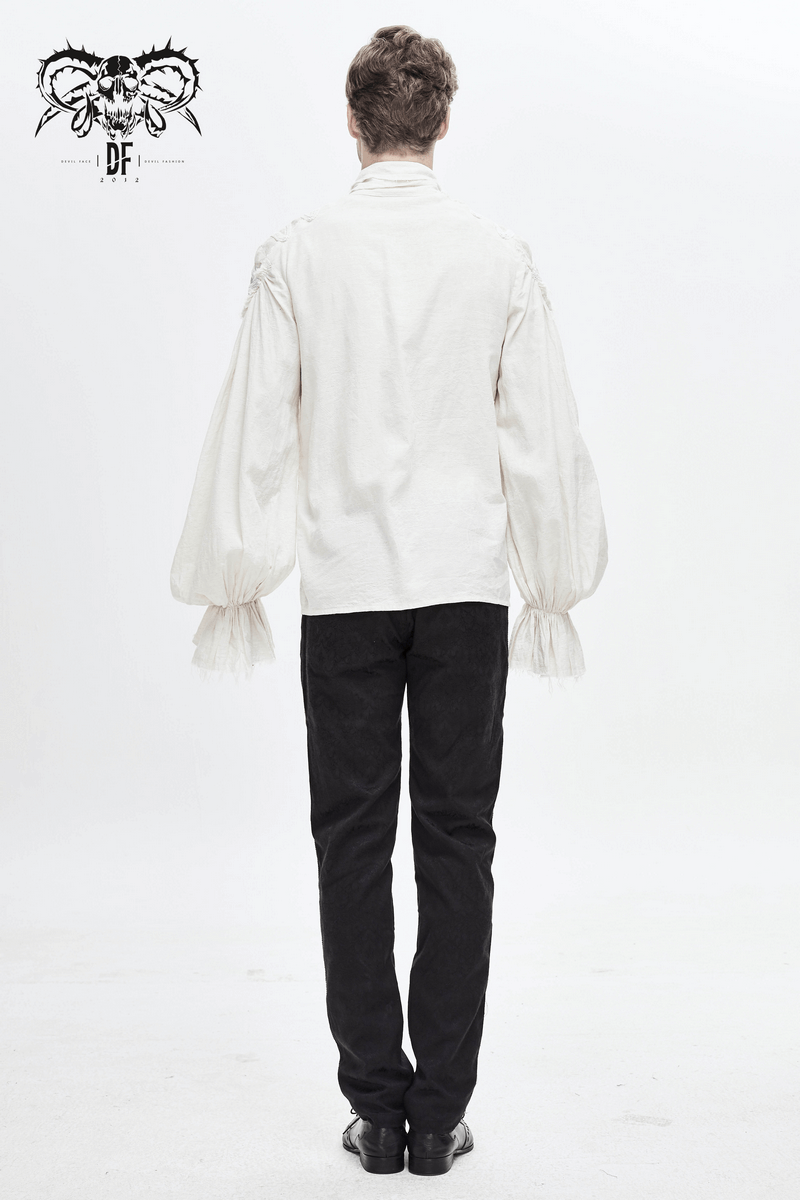 Vintage white long sleeve men's shirt with flared cuffs and ruffles, shown from the back.