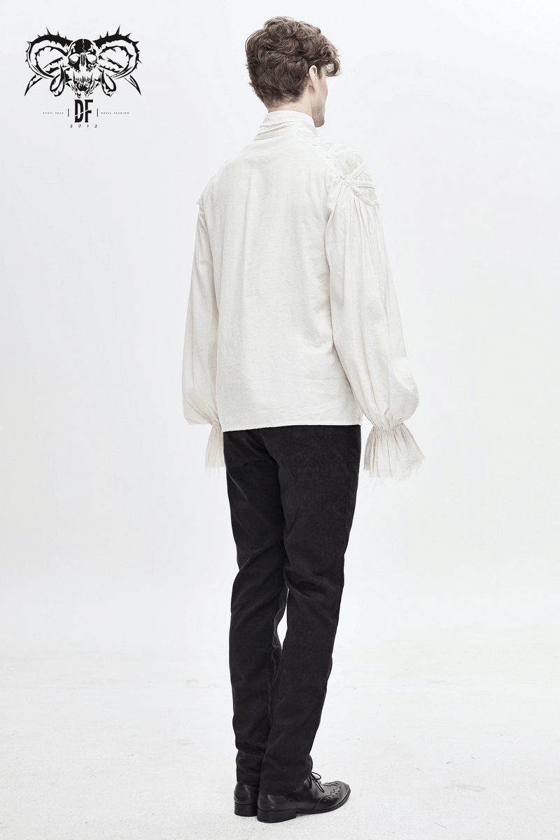 Back view of a vintage white long sleeve shirt with flared cuffs and ruffles, featuring a gothic style for men.