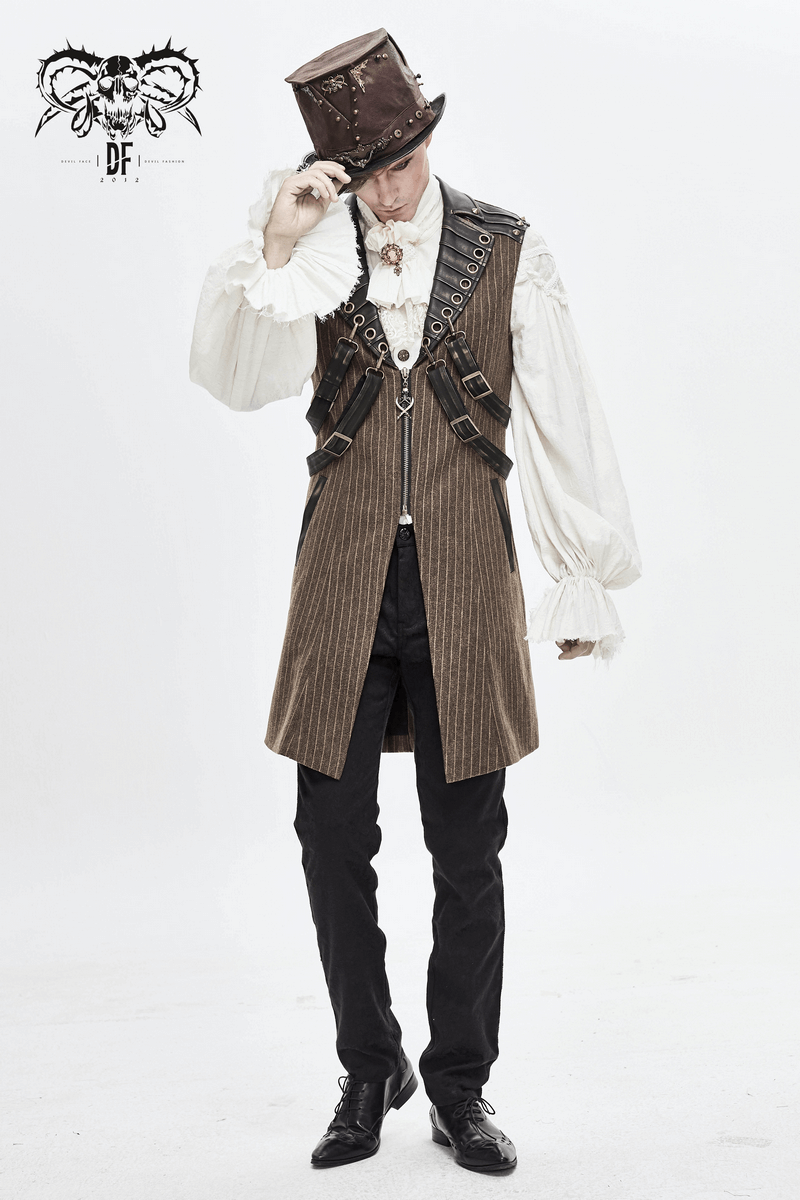 Gothic vintage men's outfit with a brown vest, white shirt, and top hat, showcasing a retro steampunk style.