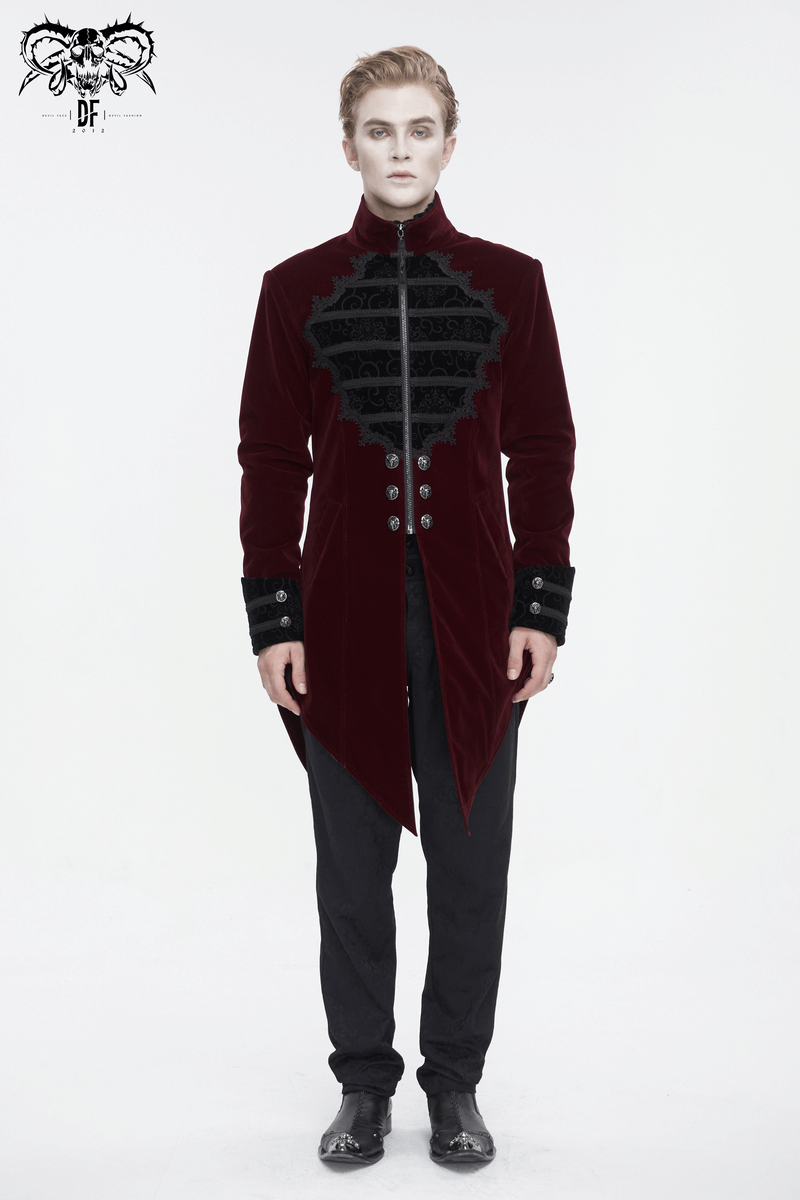 Men's vintage wine red zipper cross-tail coat with embroidered lace details, perfect for gothic elegance.