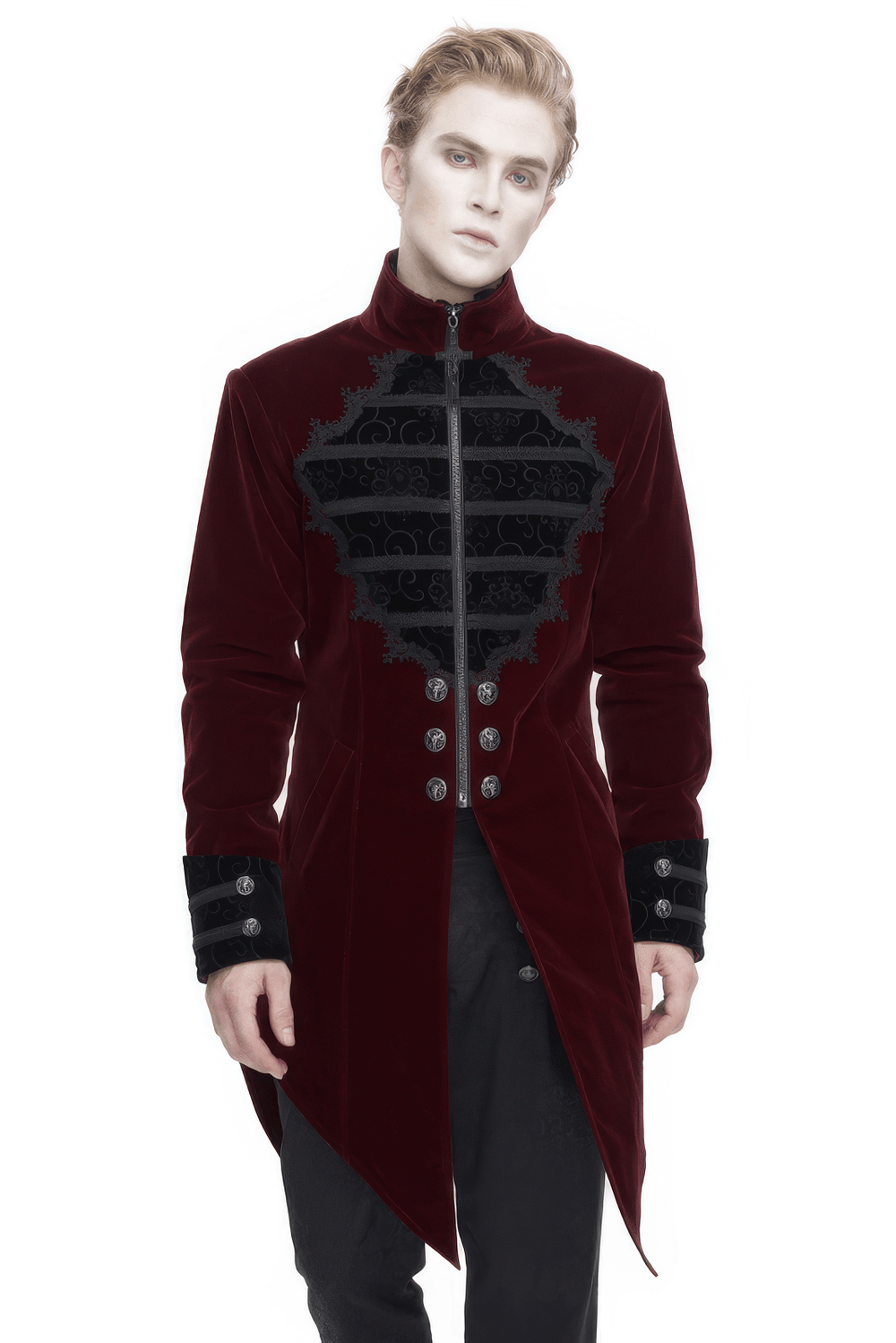 Men's vintage wine red zipper cross tail coat with black embroidered lace details.