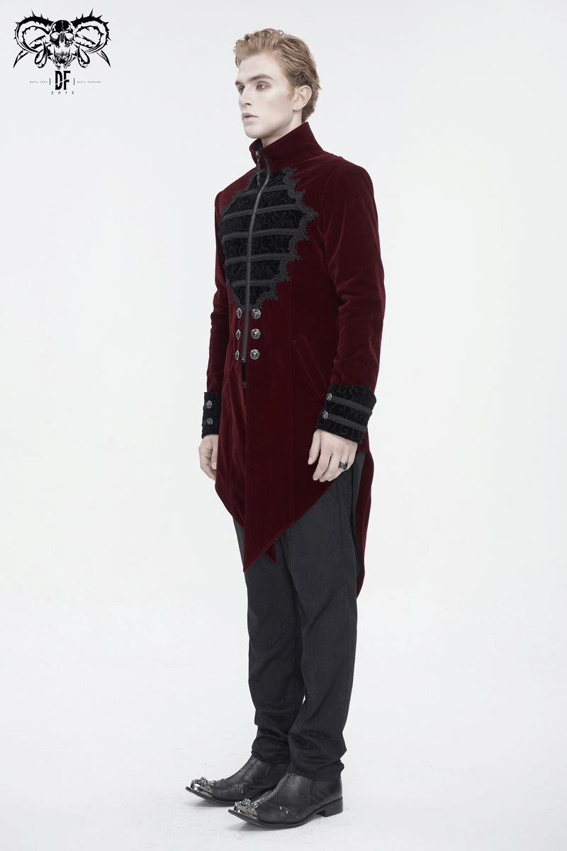 Men's vintage wine red cross tail coat with embroidered lace, a stylish gothic elegance.
