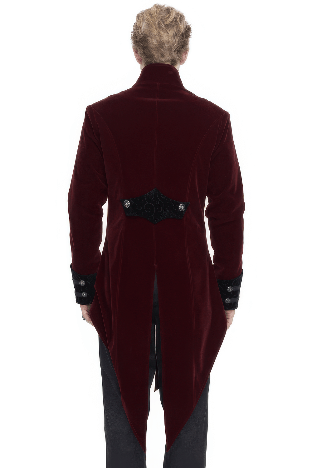 Back view of vintage wine red zipper cross tail coat with embroidered lace details.