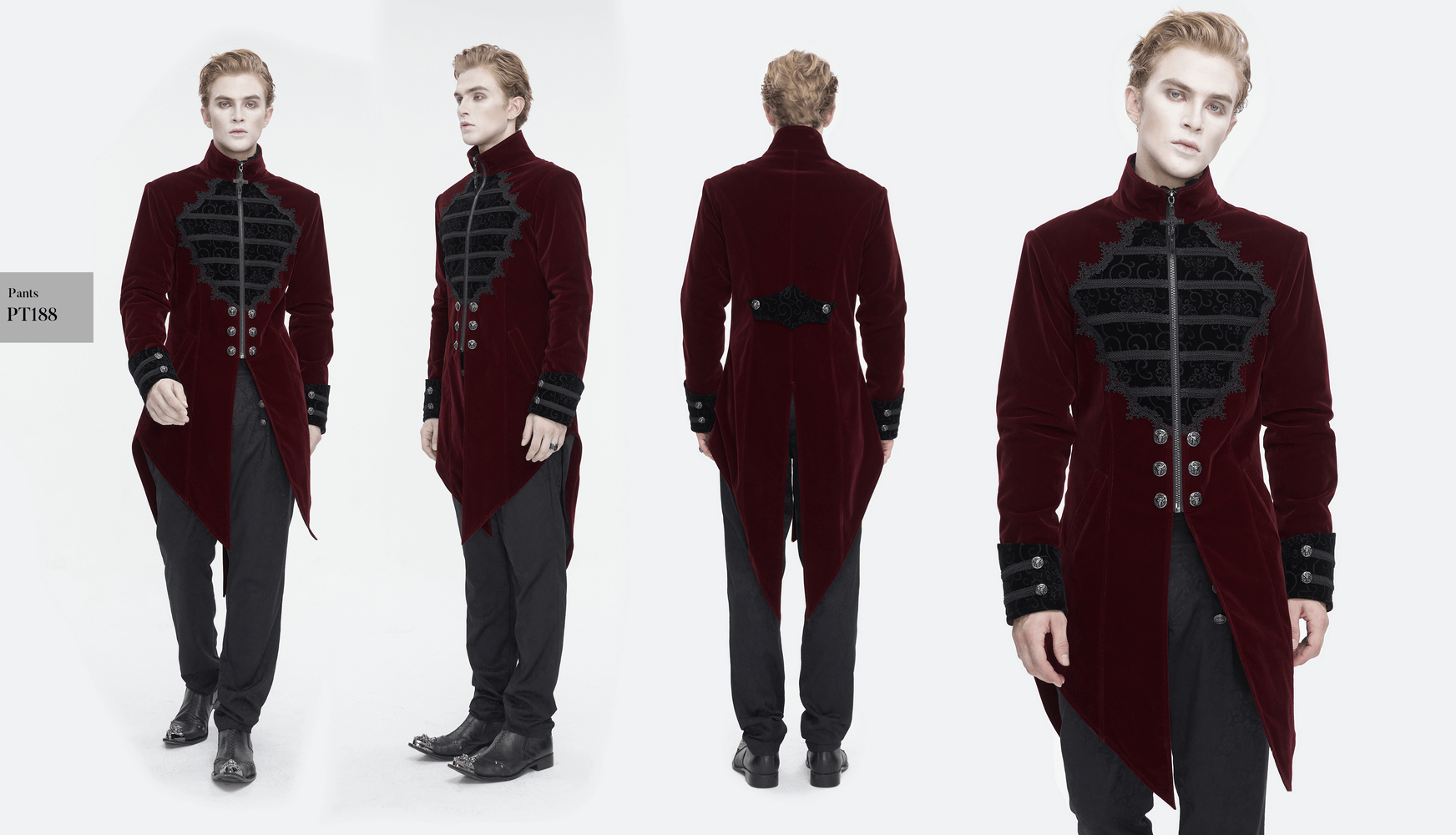Men's vintage wine red cross tail coat with embroidered lace and zipper detail, showcasing gothic elegance and style.