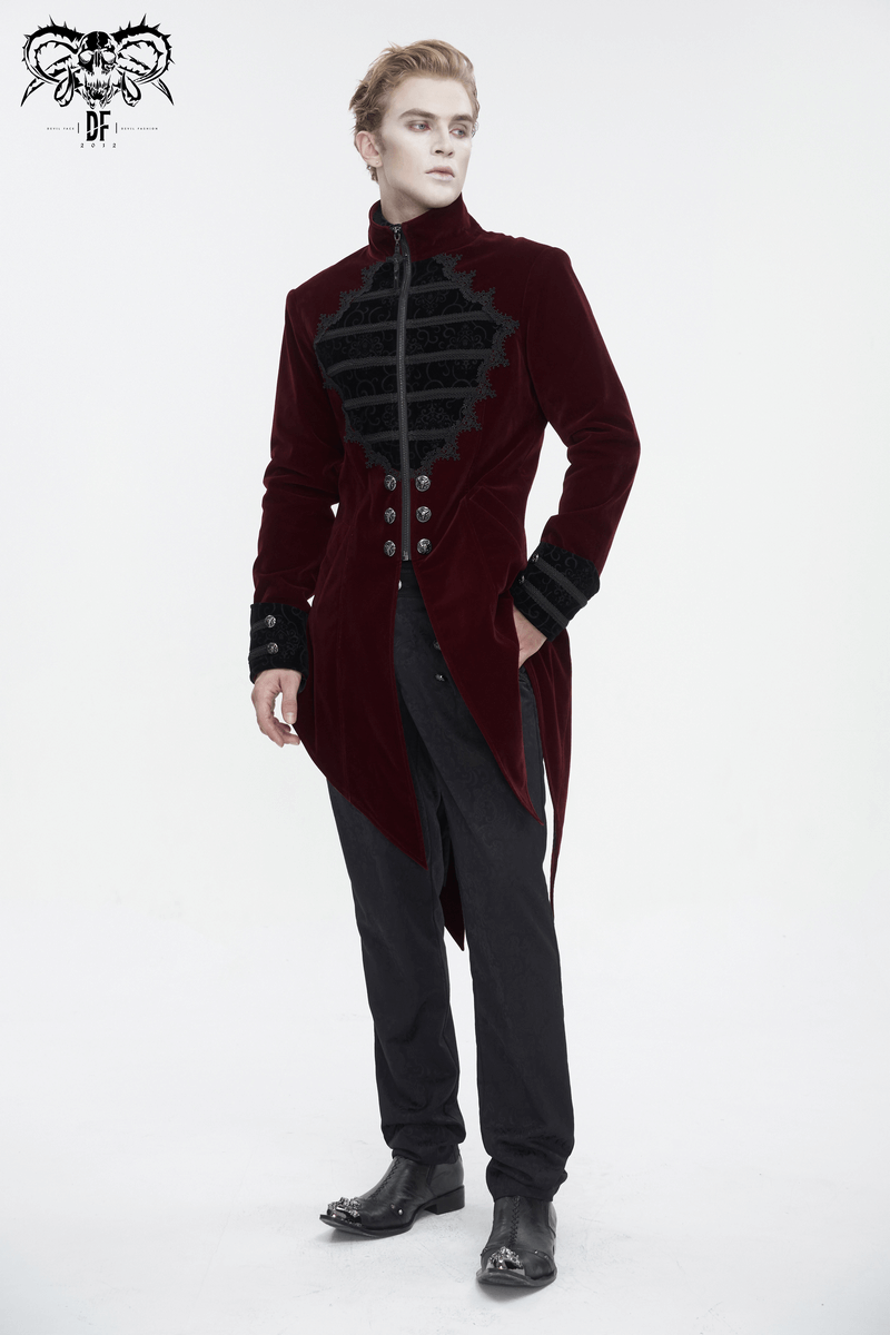 Men's vintage wine red cross tail coat with embroidered lace, embodying gothic elegance and style.