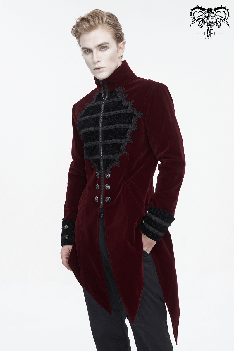 Men's vintage wine red cross tail coat with embroidered lace in a gothic style.