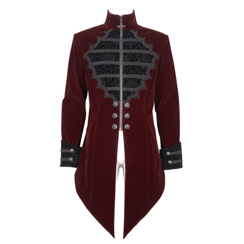 Vintage Wine Red Zipper Cross Tail Coat With Embroidered Lace - HARD'N'HEAVY