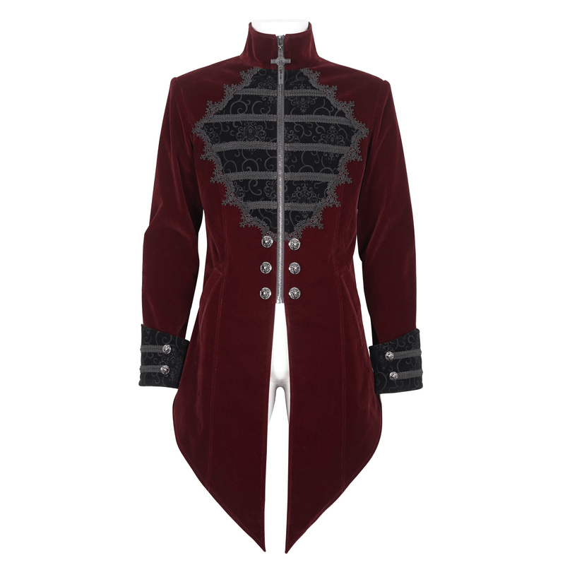 Men's vintage wine red zipper cross-tail coat with embroidered lace detailing and gothic elegance.