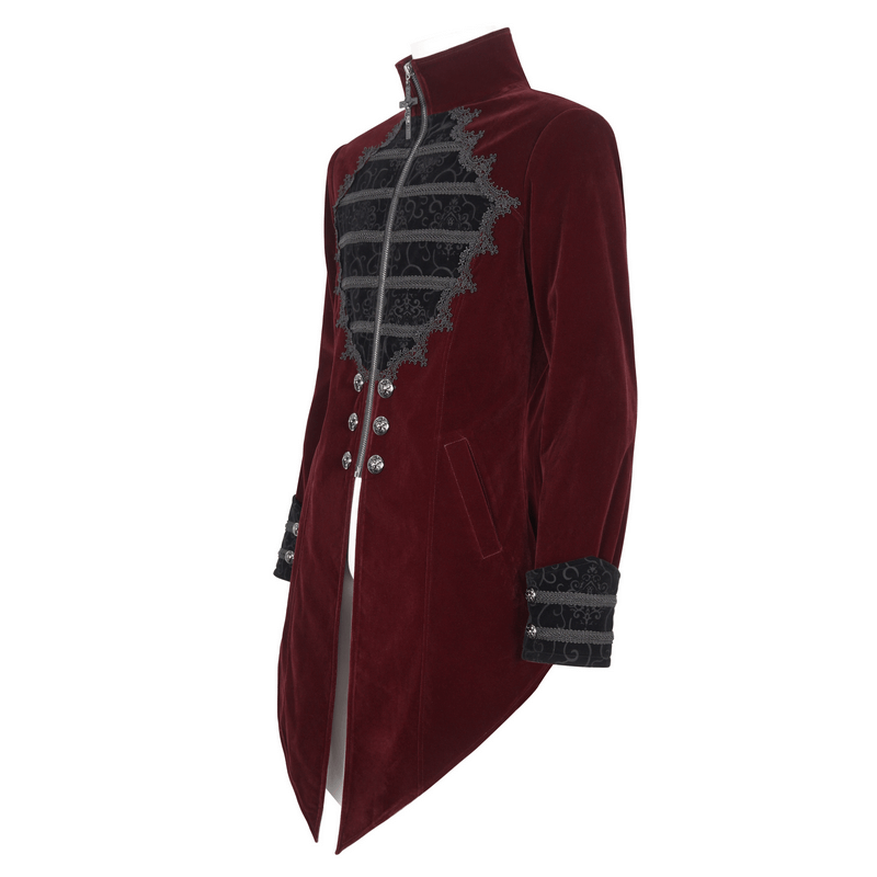 Vintage wine red cross tail coat with embroidered lace and zipper detail, exuding gothic elegance.
