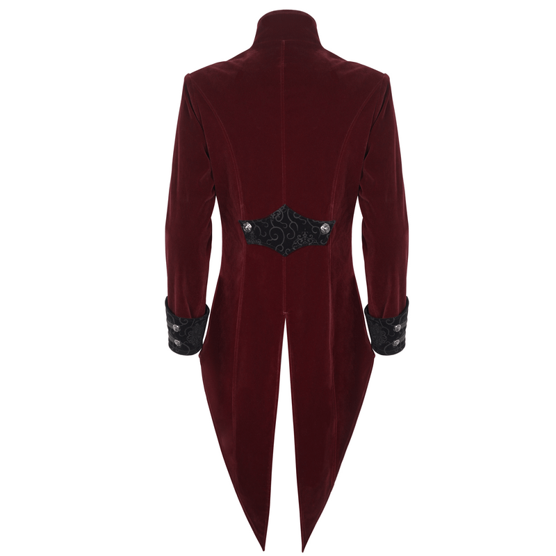 Back view of vintage wine red zipper cross tail coat with embroidered lace detailing and gothic flair.