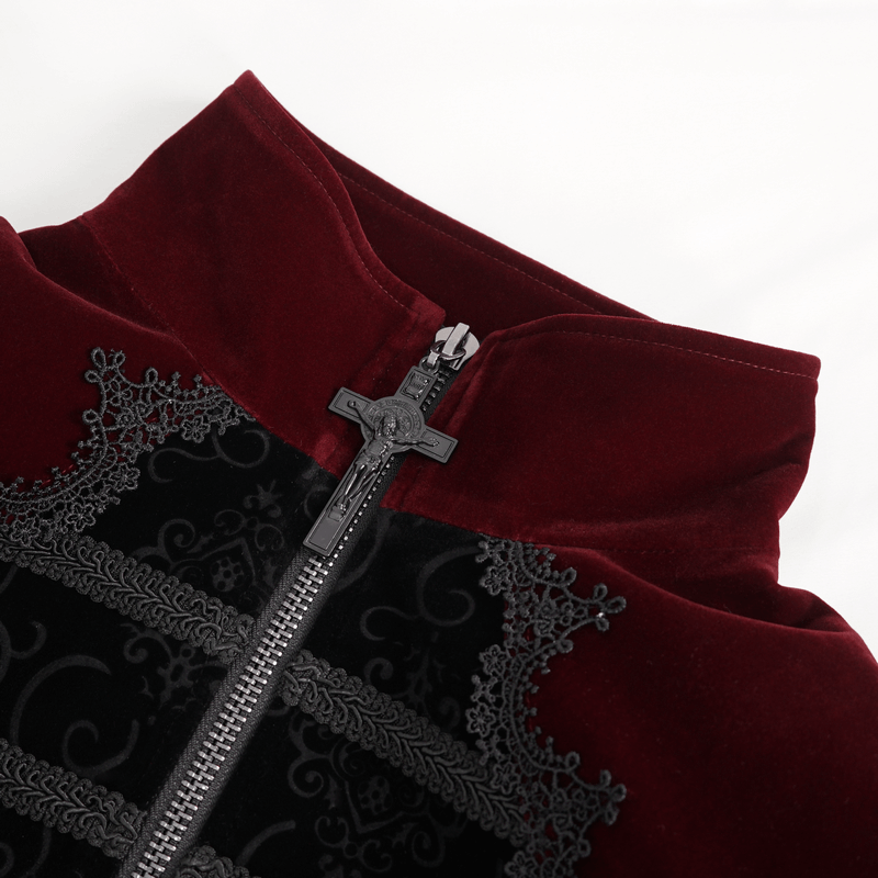 Close-up of vintage wine red coat featuring intricate embroidered lace and unique zipper design.