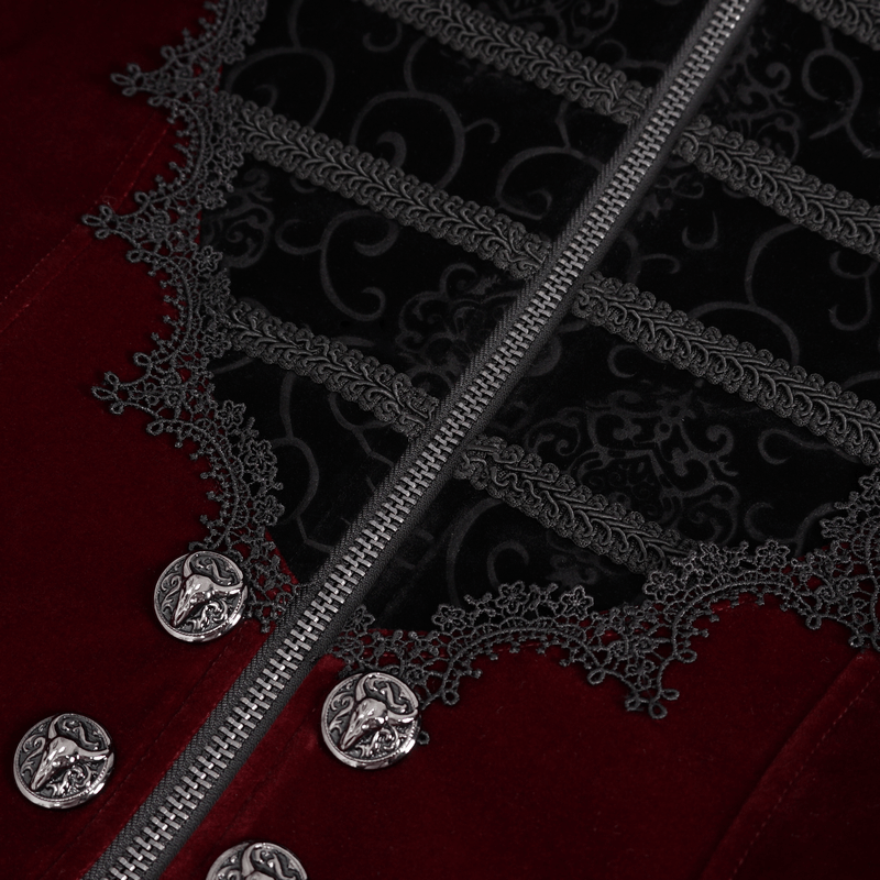 Close-up of vintage wine red zipper coat with intricate embroidered lace detailing and gothic silver buttons.