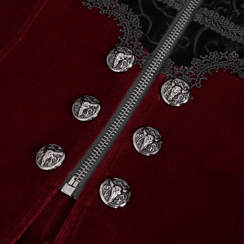 Close-up of vintage wine red coat with intricate embroidered lace and ornate silver buttons.