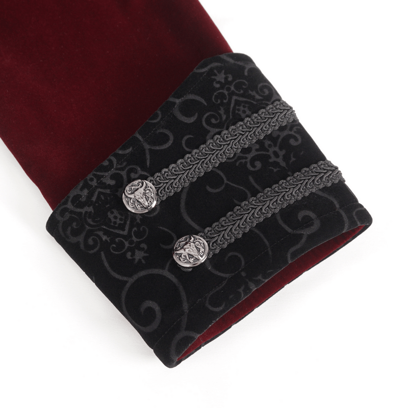Close-up of the intricate embroidered lace and decorative buttons on the cuff of a vintage wine red coat.