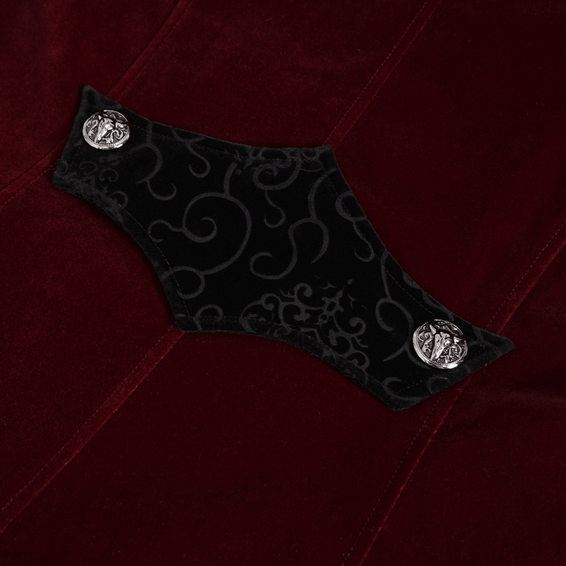 Close-up of the intricate black embroidered detail and silver buttons on the vintage wine red coat.