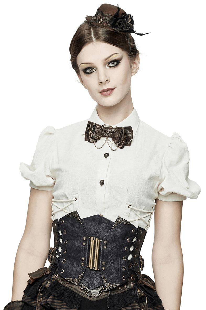 Vintage women's black leather corset styled with a white blouse, perfect for gothic fashion and retro ensembles.