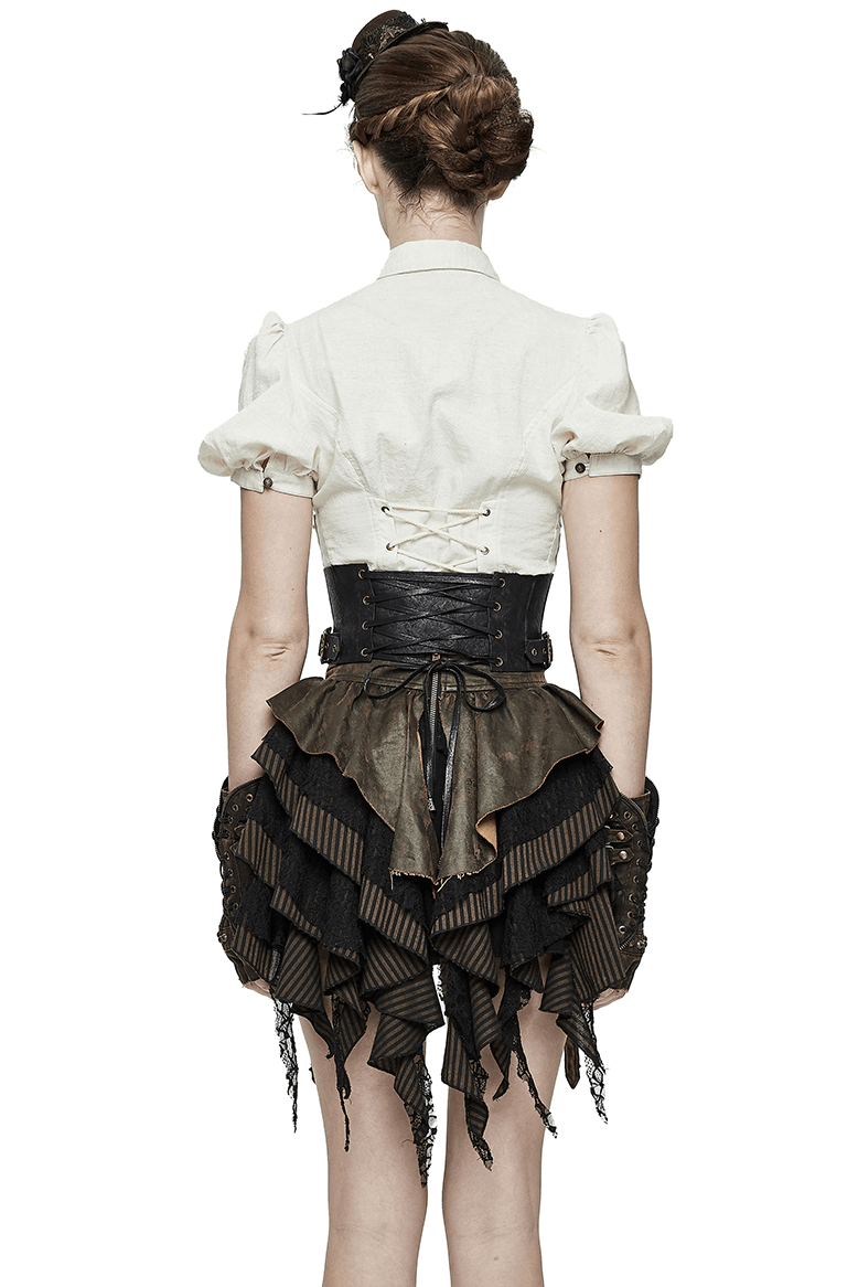 Woman wearing a vintage black corset with laces, paired with a layered steampunk skirt.