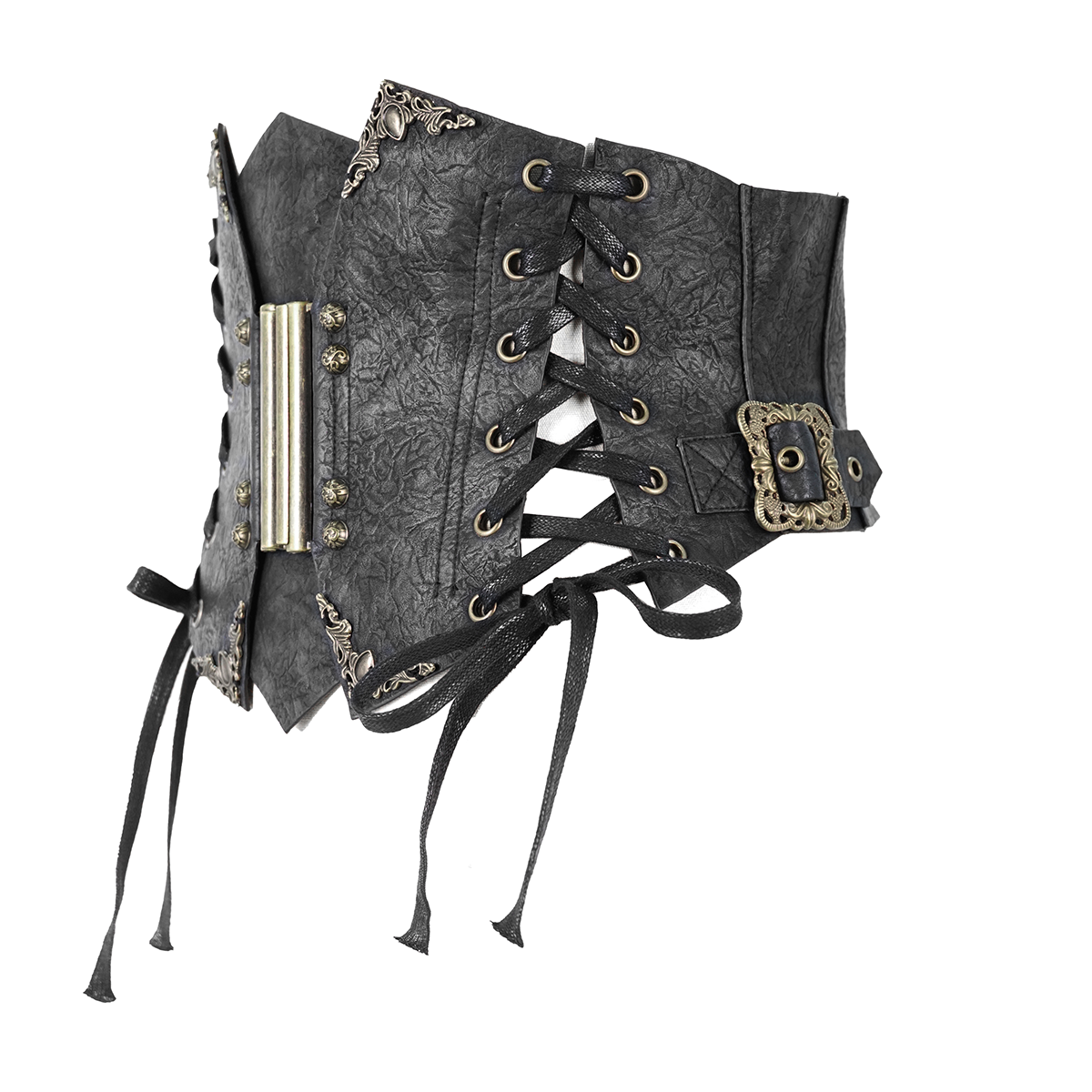 Vintage women's black synthetic leather corset with laces, perfect for a true-gothic style wardrobe.