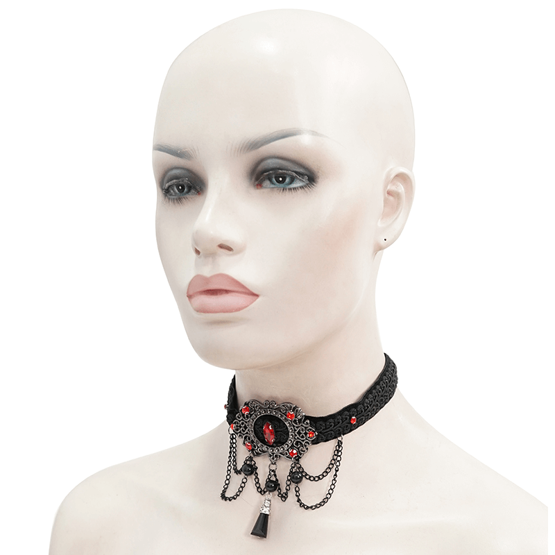 Elegant vintage women's choker featuring chains and blood-red stones, perfect for gothic style outfits.