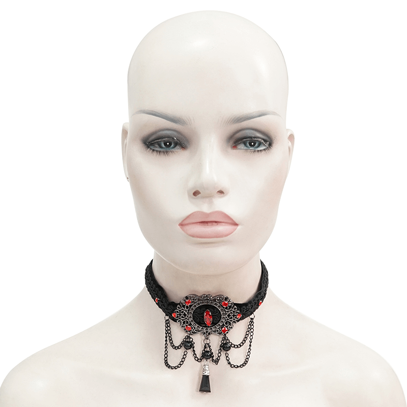 Gothic vintage women's choker with chains and blood-red stones, perfect for elevating your style.