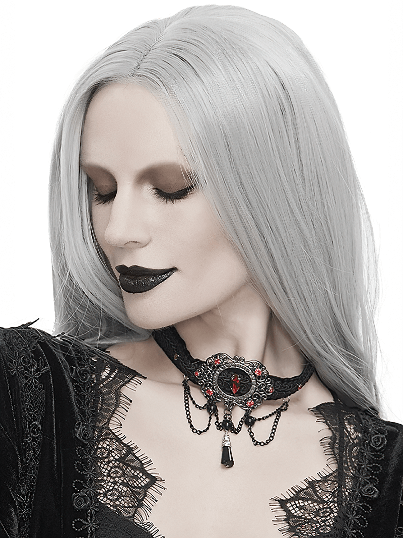 Elegant vintage women's choker with chains and blood-red stones, styled in gothic fashion, perfect for adding flair to outfits.