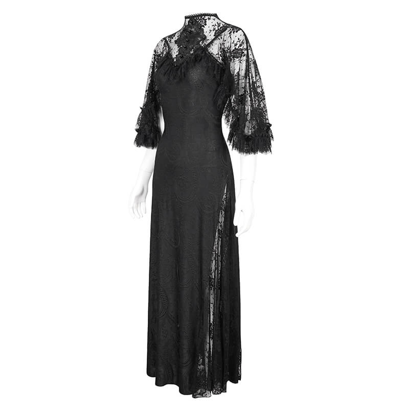 Elegant vintage women's lace slit long dress with intricate applique and beading, perfect for gothic style lovers.