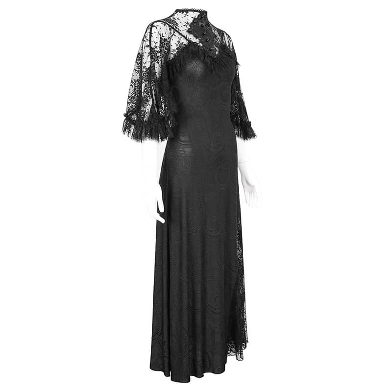 Elegant vintage women's black lace slit long dress with intricate detail and dramatic sleeves.