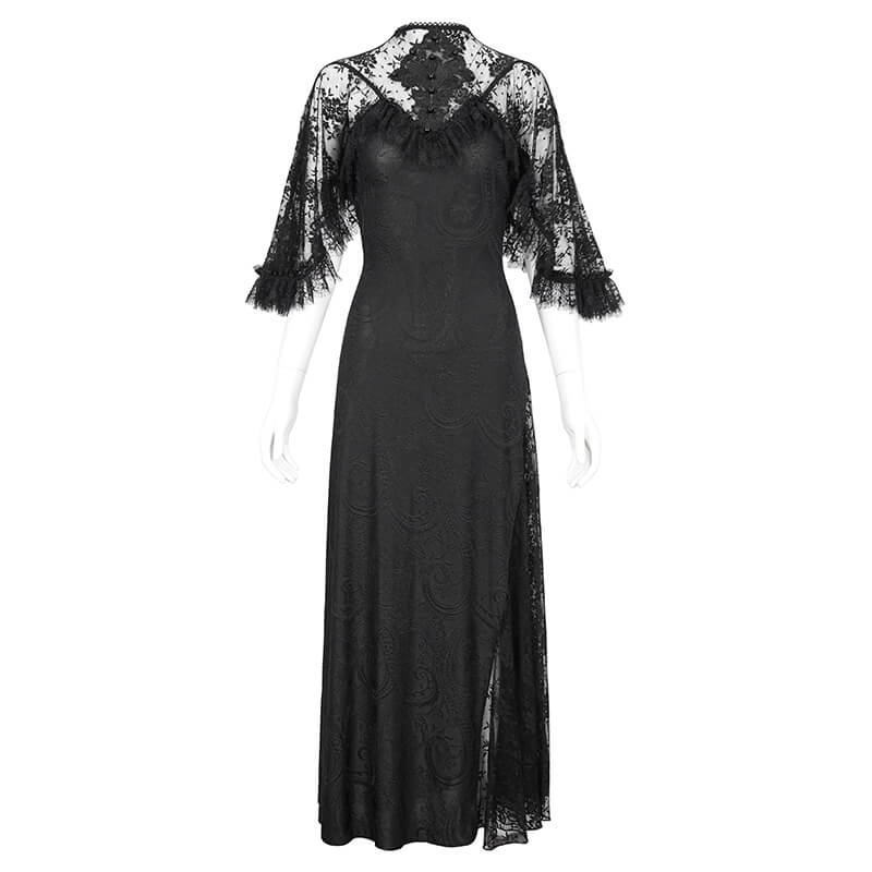 Elegant black vintage lace slit long dress with intricate lace applique and beading, featuring a stylish round neck.