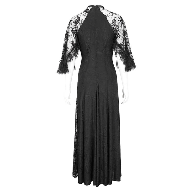 Back view of vintage women's lace slit long dress with elegant round neck and intricate lace detailing.