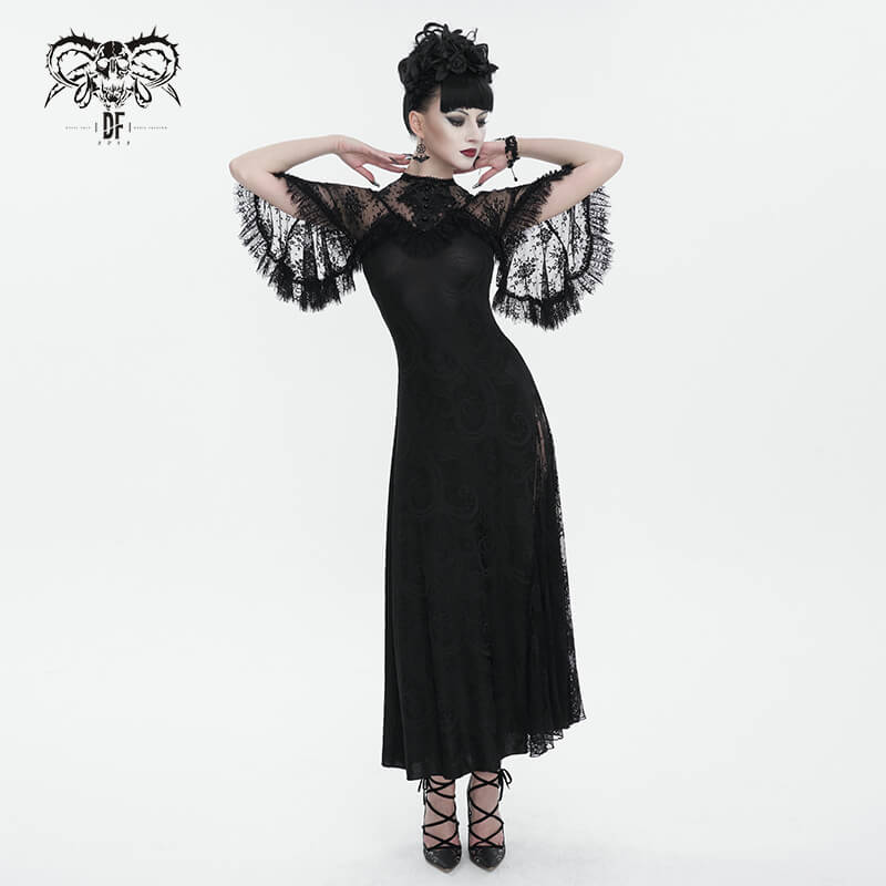 Elegant vintage women's lace slit dress with gothic flair and unique flutter sleeves.