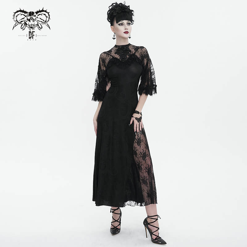Vintage women's lace slit dress with elegant beading and round neck, perfect for gothic fashion lovers.