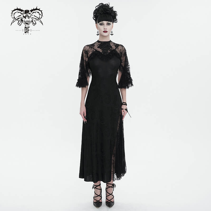 Vintage Women's Lace Slit Long Dress / Elegant Round Neck Dress with Lace Applique and Beading - HARD'N'HEAVY