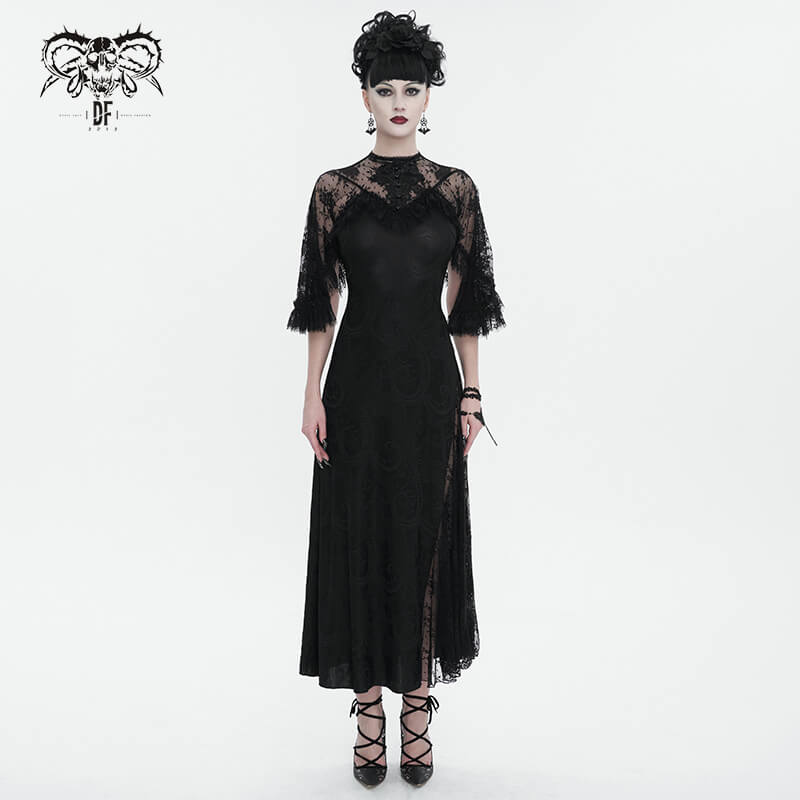 Elegant vintage-style black lace slit long dress with intricate beading and round neck, perfect for gothic charm.