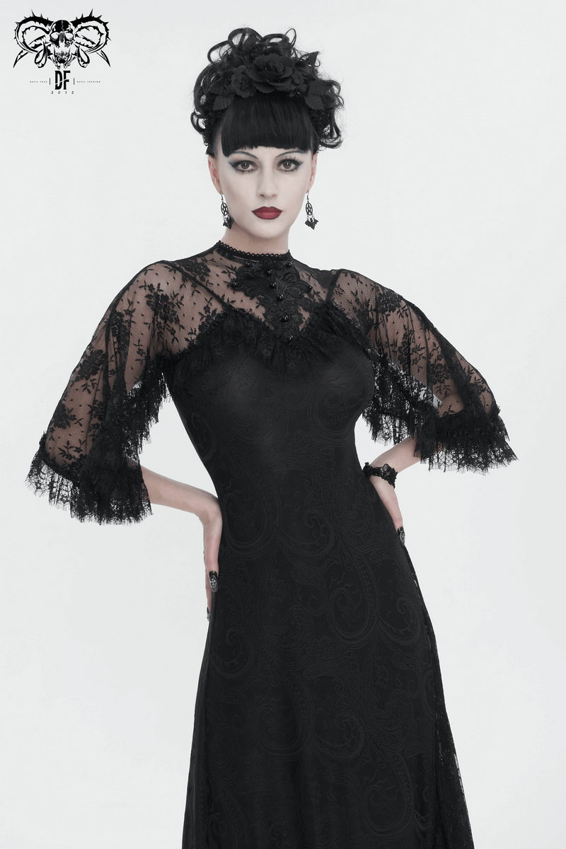Elegant vintage women's lace slit dress with intricate lace sleeves and gothic styling.