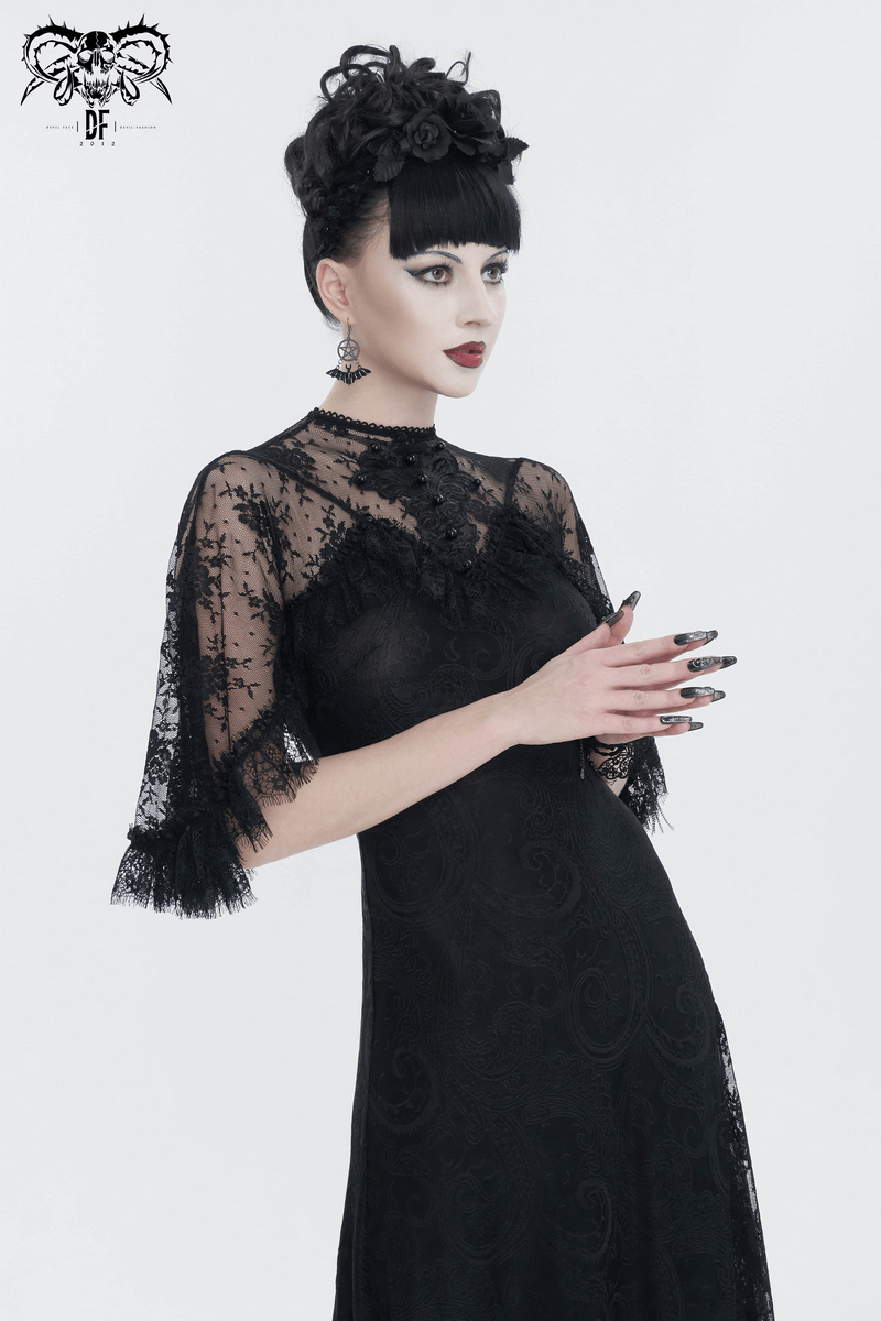 Elegant vintage women's lace dress with short sleeves and intricate detailing, perfect for gothic-inspired style.
