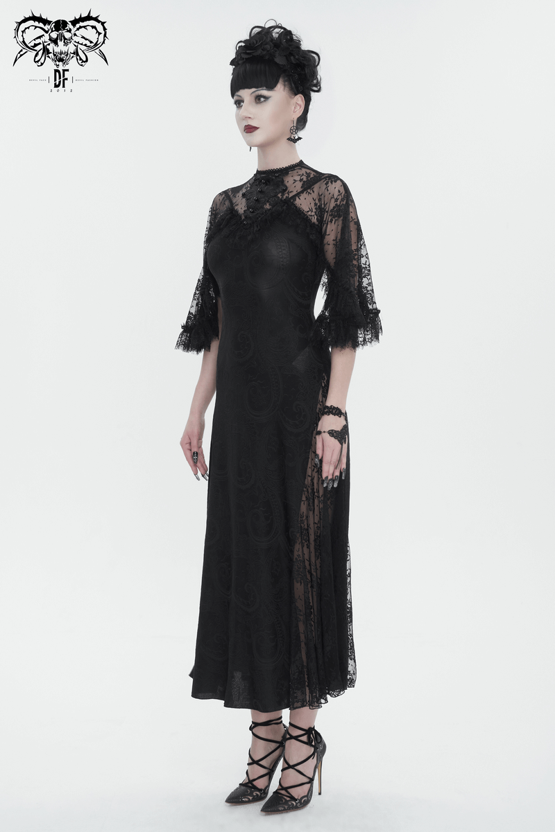 Vintage women's lace slit long dress with elegant round neck and gothic flair, featuring intricate lace and beading.