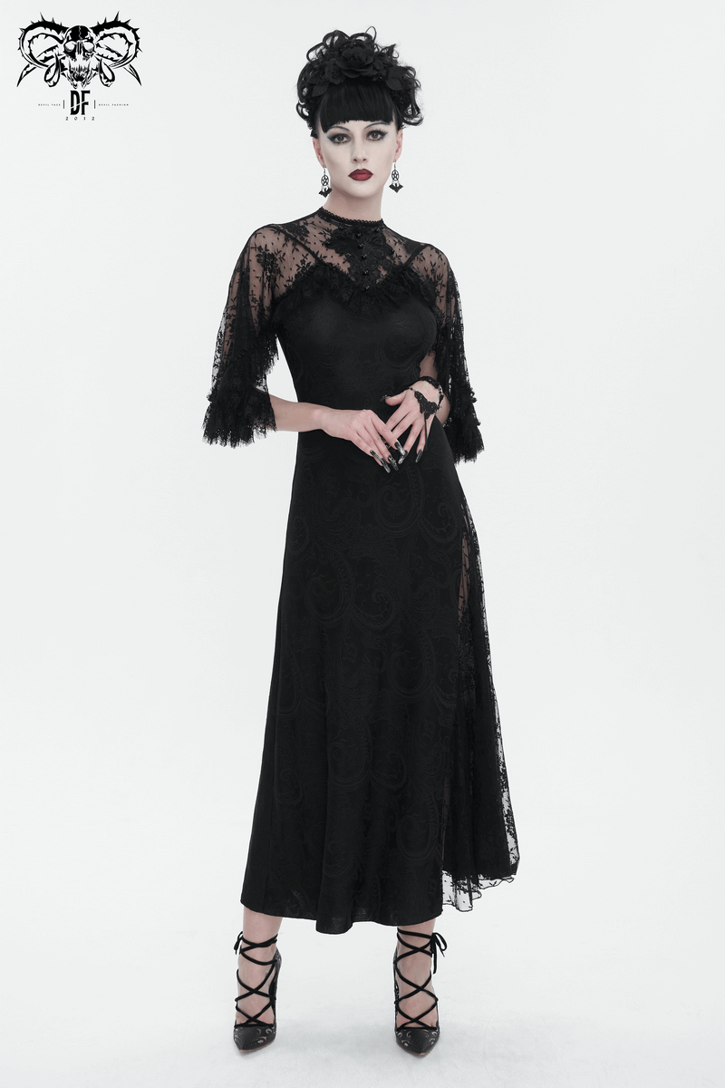 Elegant vintage women's lace slit long dress with gothic style, intricate lace applique, and beading.