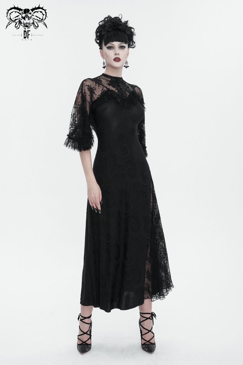 Elegant women's vintage lace dress with slit and intricate beading, perfect for gothic style and special occasions.