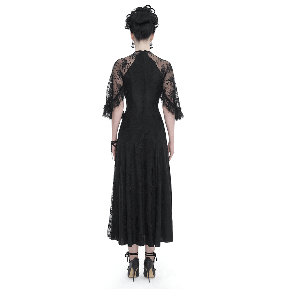 Vintage Women's Lace Slit Long Dress / Elegant Round Neck Dress with Lace Applique and Beading - HARD'N'HEAVY