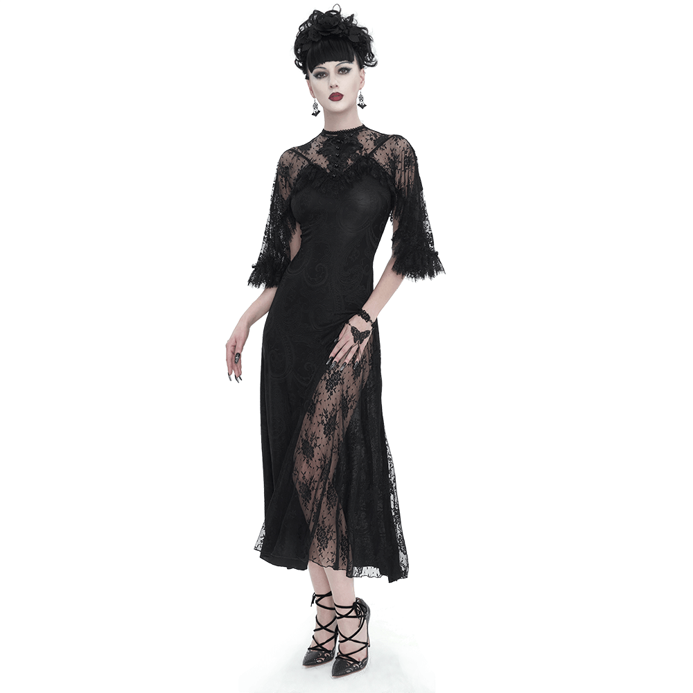 Vintage women's black lace slit dress with elegant round neck and intricate beading, exuding gothic charm.