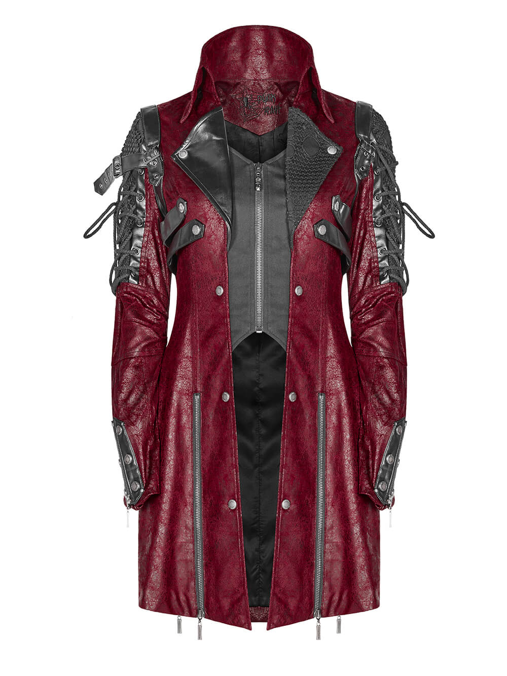 Vintage women's red leather punk jacket with rubber sleeves and adjustable straps, perfect for a gothic style.