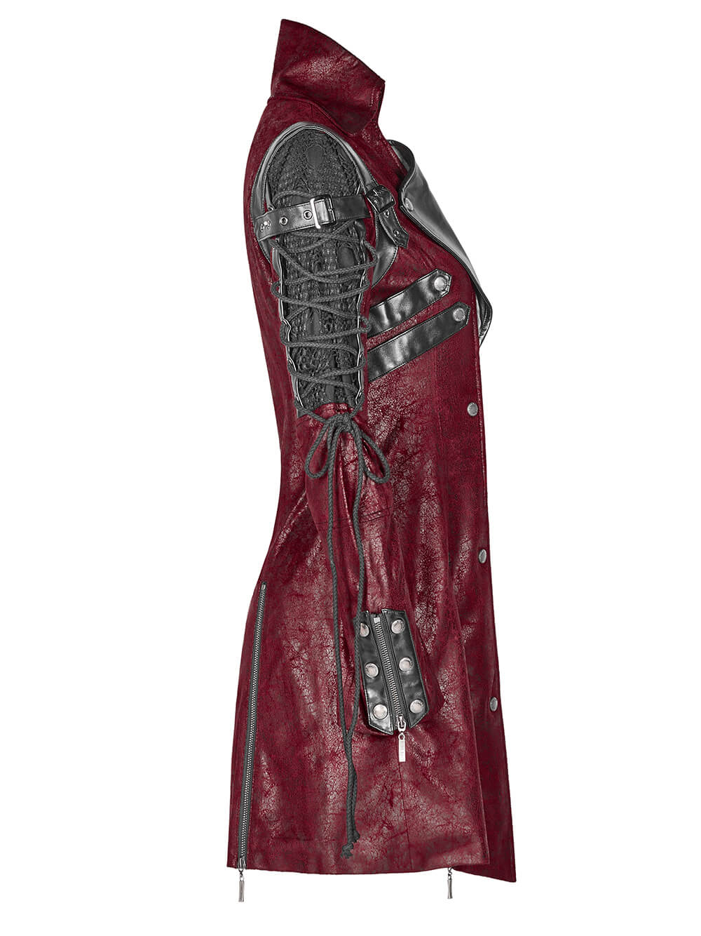 Vintage women's leather punk jacket with rubber sleeves and adjustable straps in a striking red color.