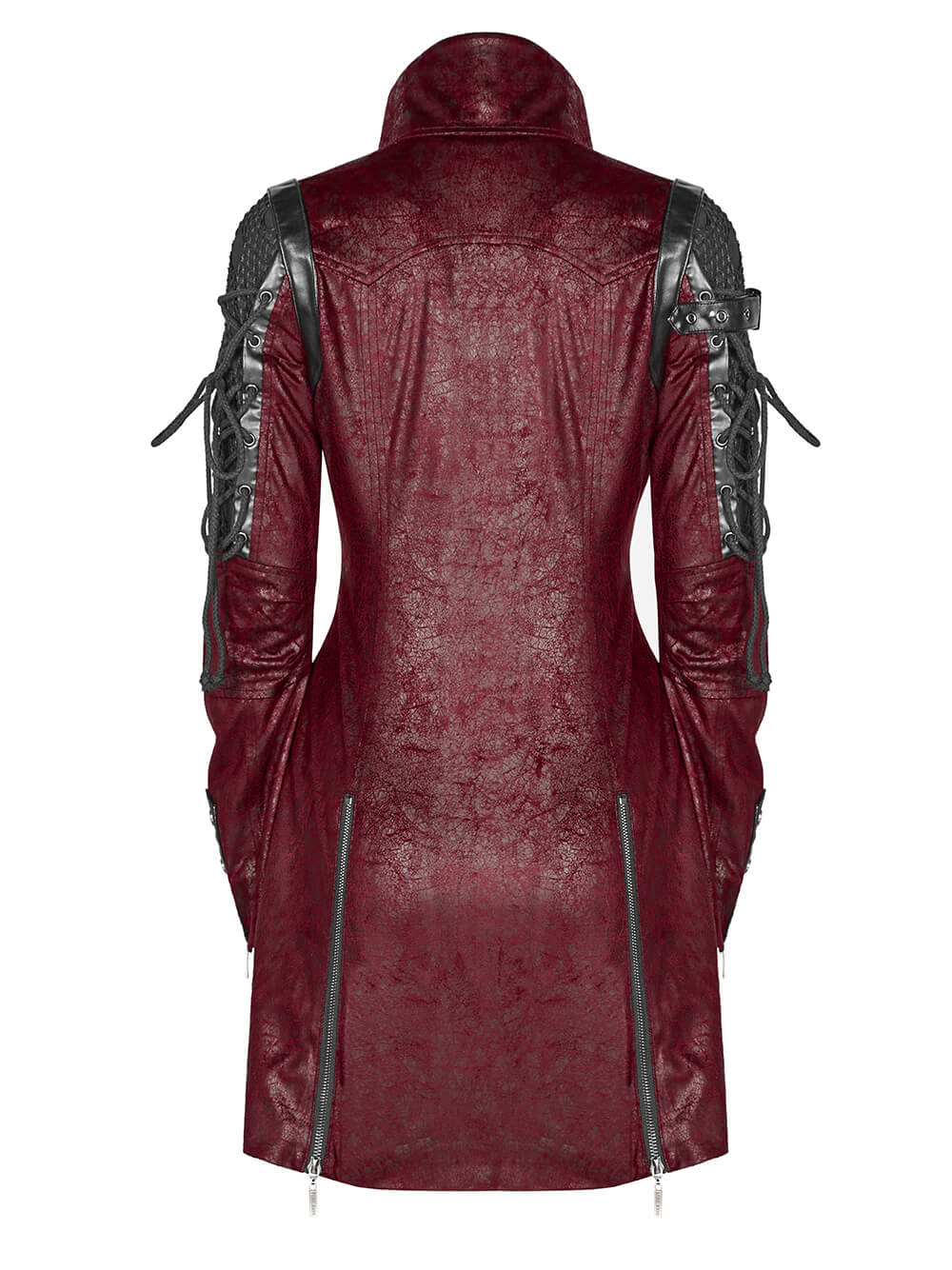 Back view of vintage women's leather punk jacket with rubber sleeves and adjustable straps in deep red.