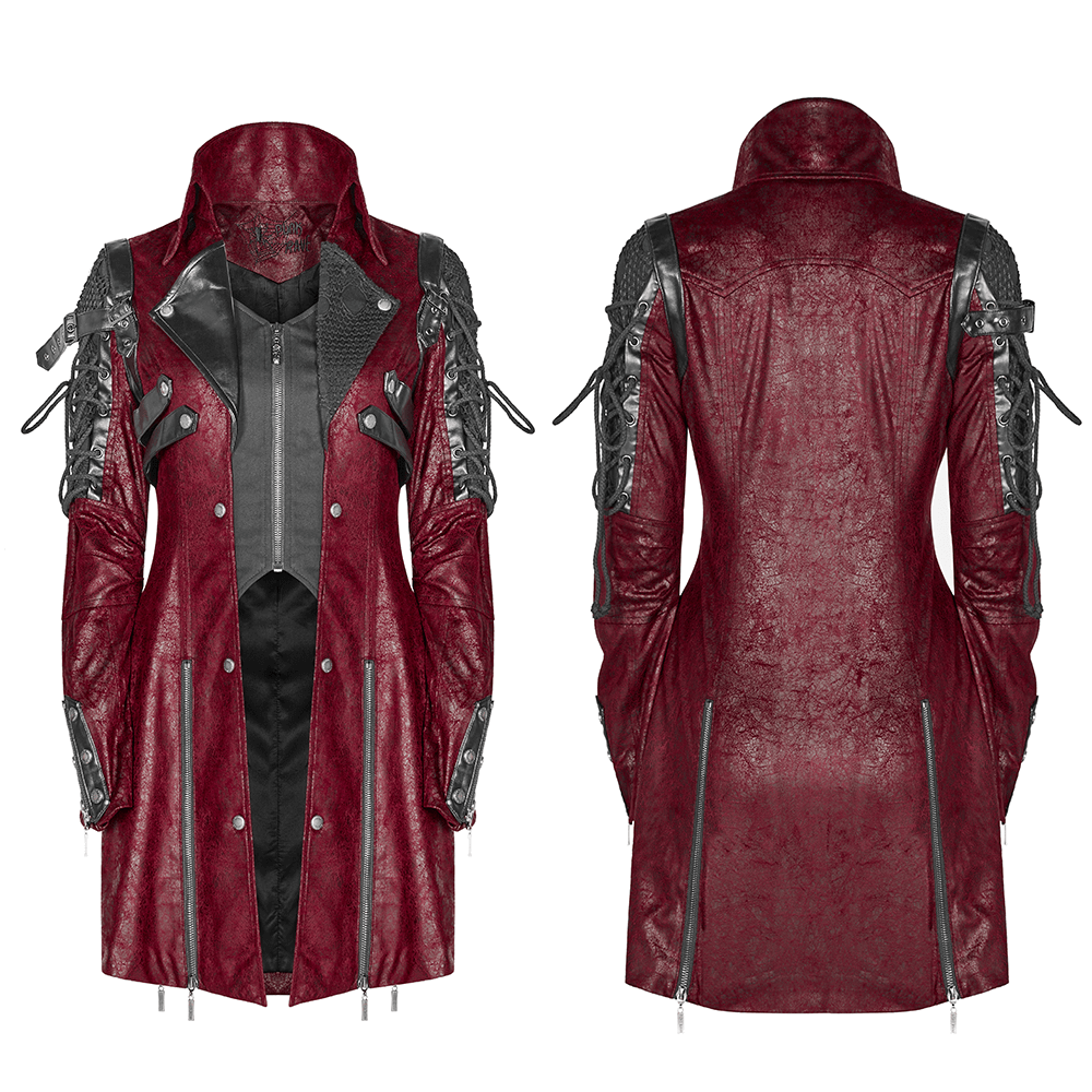 Vintage women's leather punk jacket in red with rubber sleeves and adjustable straps, perfect for a gothic look.