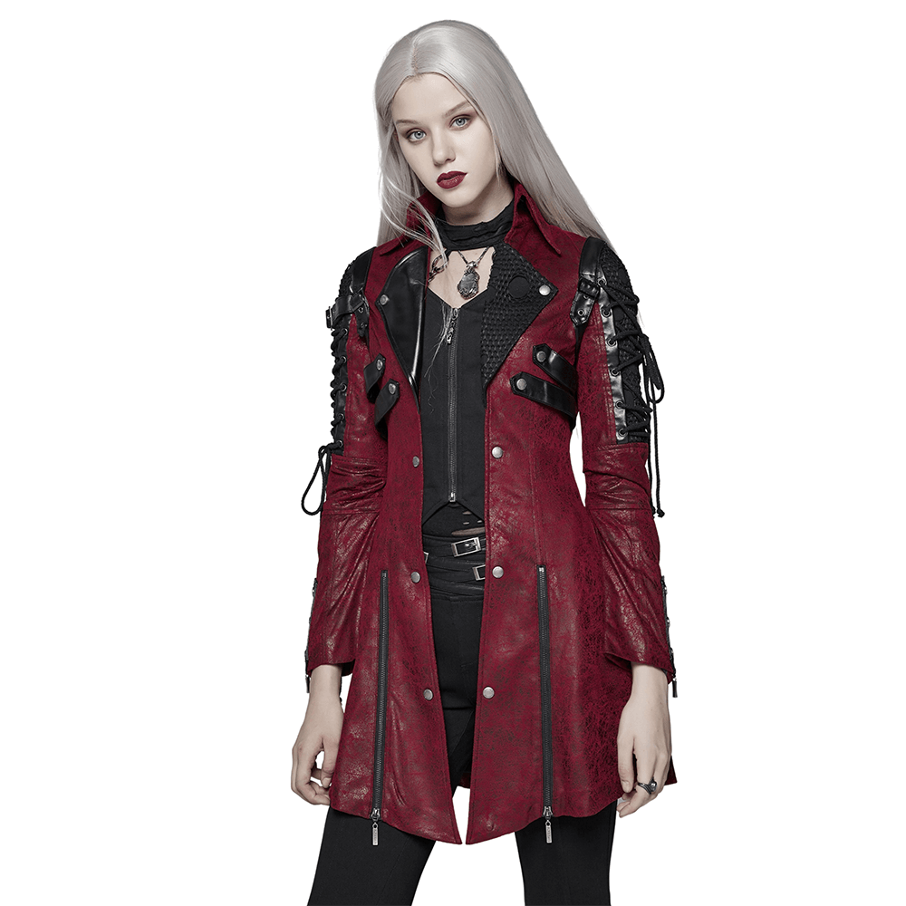 Vintage women's red leather punk jacket with straps and rubber sleeves, perfect for a bold, gothic fashion statement.