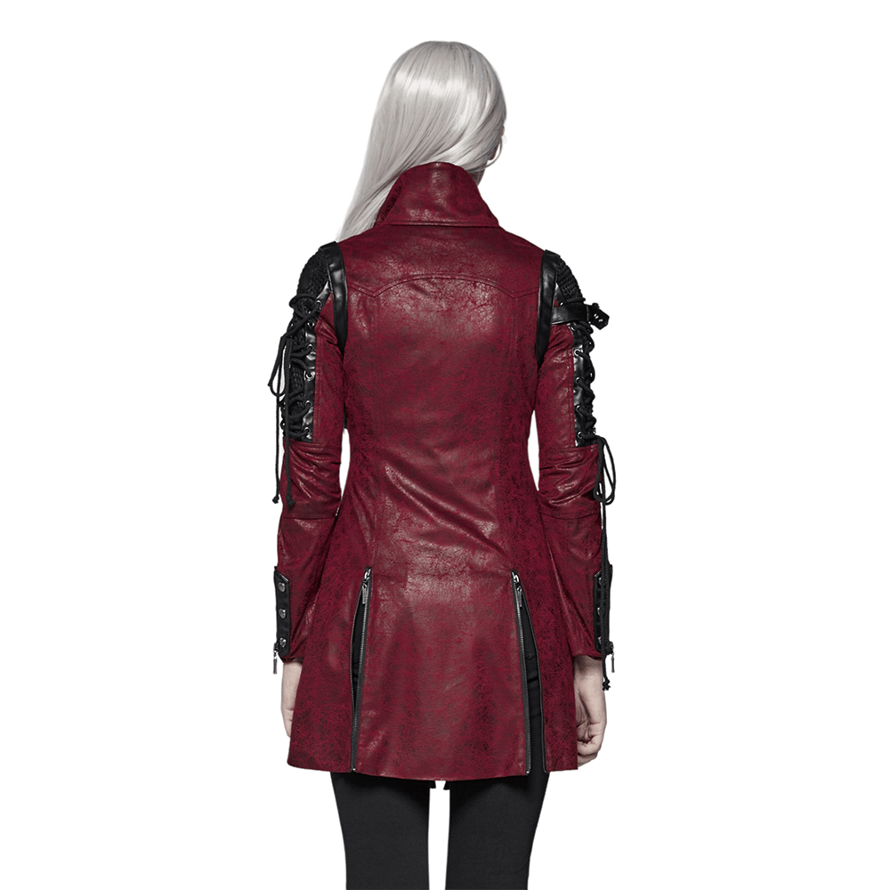 Stylish back view of a vintage women's red leather punk jacket with unique rubber sleeves and adjustable straps.