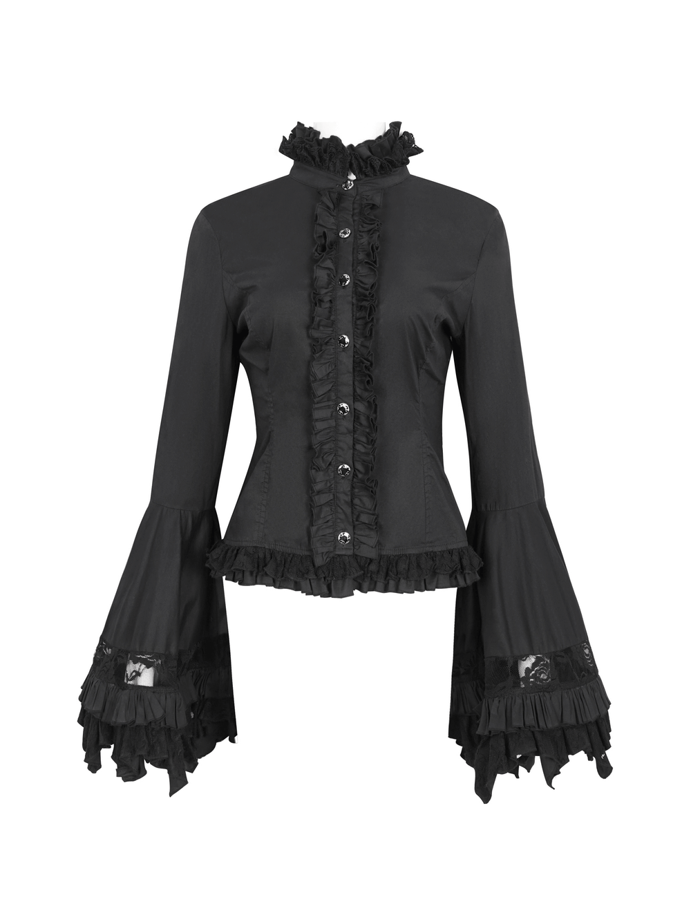 Vintage black women's blouse with long bell sleeves, gothic ruffles, and elegant stand-up collar.