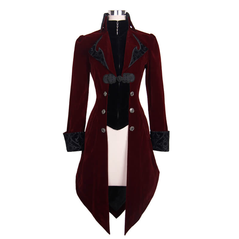 Vintage women's gothic burgundy velvet coat with intricate embroidery and fitted cut for a stylish retro look.