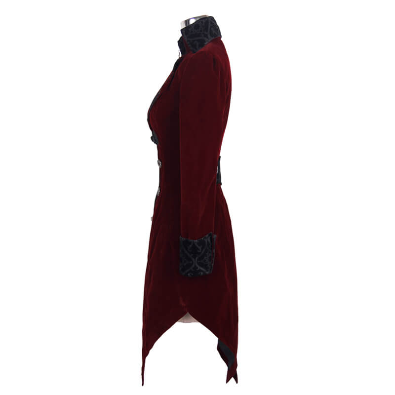 Vintage women's burgundy velvet coat with embroidered details, showcasing a stylish gothic design from the side.
